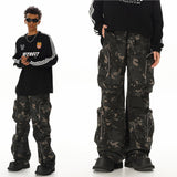 Military-Inspired Jungle Camouflage Cargo Pants - Multi-Pocket Wide Leg Workwear