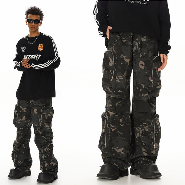 Military-Inspired Jungle Camouflage Cargo Pants - Multi-Pocket Wide Leg Workwear