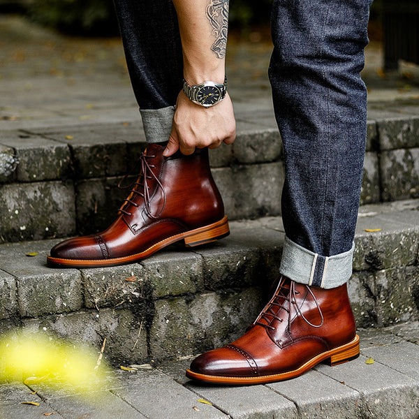 Genuine Cowhide Martin Boots - Men's High-Top Leather Footwear with Breathable Design