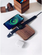 Premium Black Walnut 3-in-1 Wireless Charging Station - Watch, Phone & Headset Charger