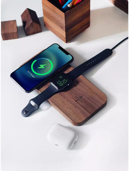 Premium Black Walnut 3-in-1 Wireless Charging Station - Watch, Phone & Headset Charger