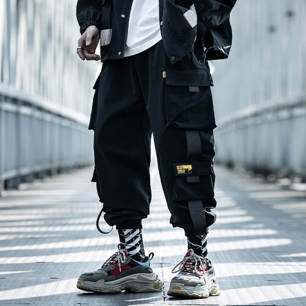 Military-Style Black Cargo Pants - Tactical Paratrooper Design with Multiple Pockets