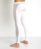 Side-Mesh Athletic Leggings Cotton Lycra Mid-Rise White Workout Pants