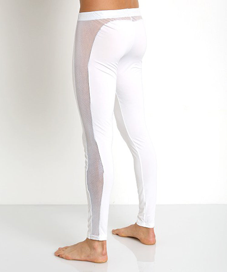 Side-Mesh Athletic Leggings Cotton Lycra Mid-Rise White Workout Pants