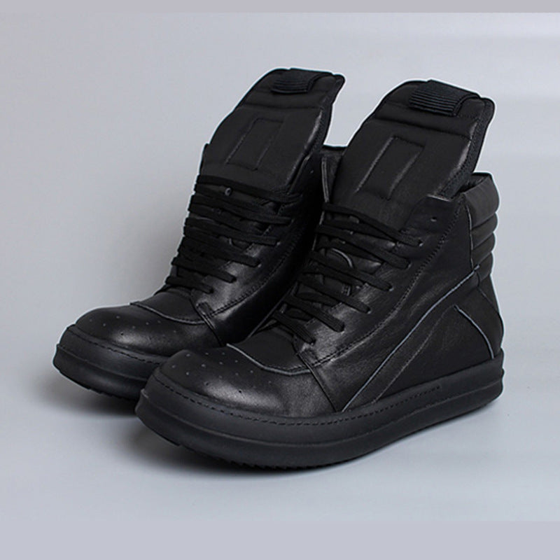 Premium Genuine Leather High-Top Unisex Sneakers - Classic Black & White Design