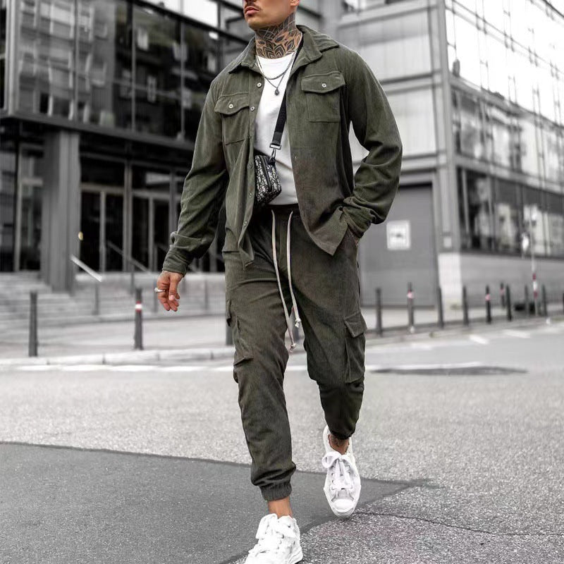 Casual Cotton Blend Sports Suit Set - Men's Long Sleeve Jacket & Trousers