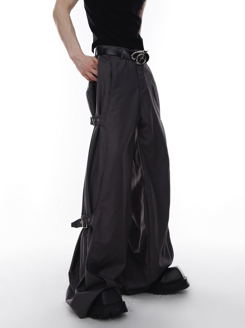 Breathable Polyester Wide-Leg Cargo Pants with Decorative Straps