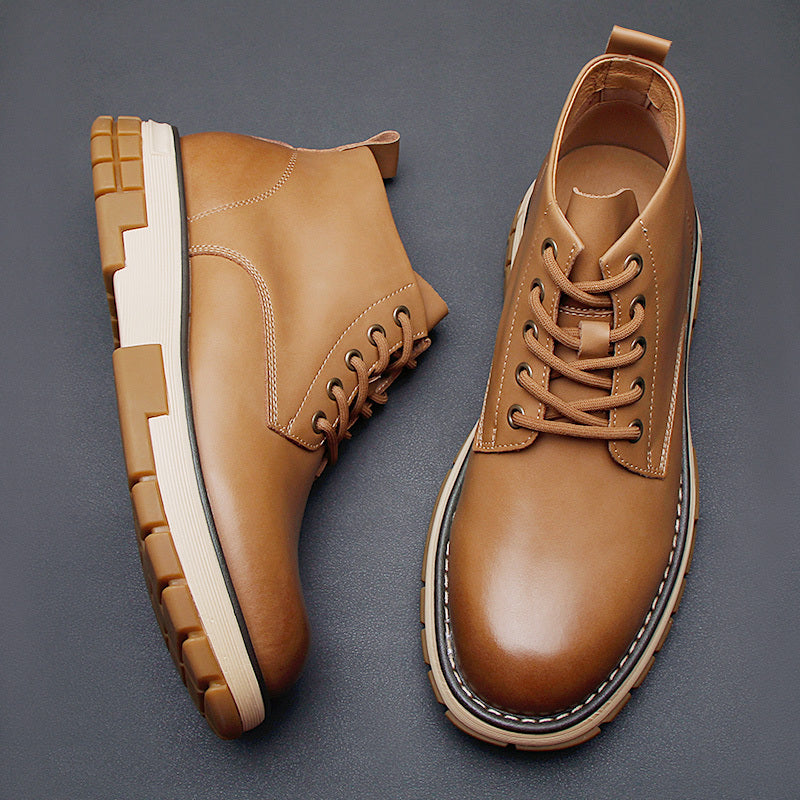 Men's British Style Martin Boots - Yellow Casual High-Top Leather Shoes with Thick Sole