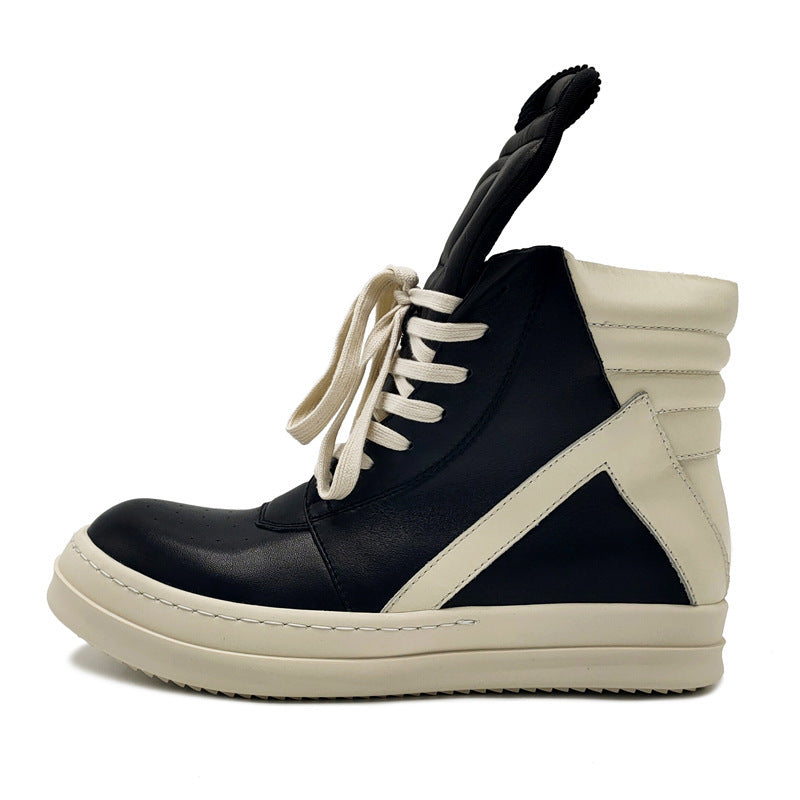 Premium Genuine Leather High-Top Unisex Sneakers - Classic Black & White Design