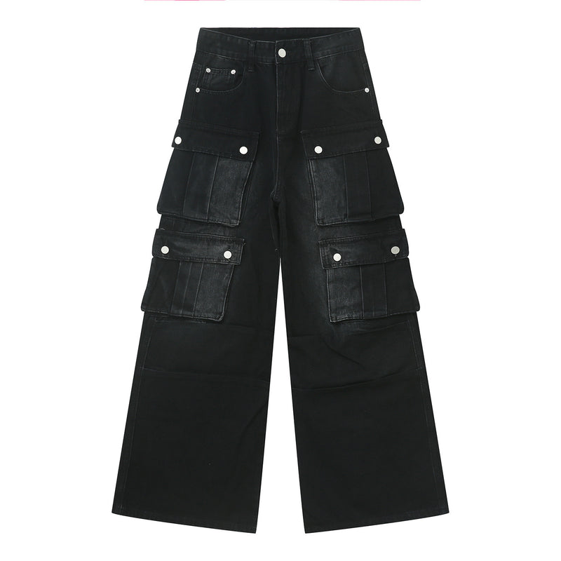 Retro Multi-Pocket Wide Leg Cargo Jeans - Korean Style Men's Tooling Pants