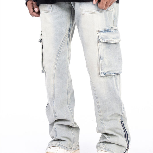 Vintage Washed Denim Jeans with Zipper Hem Detail - Men's Casual Pants