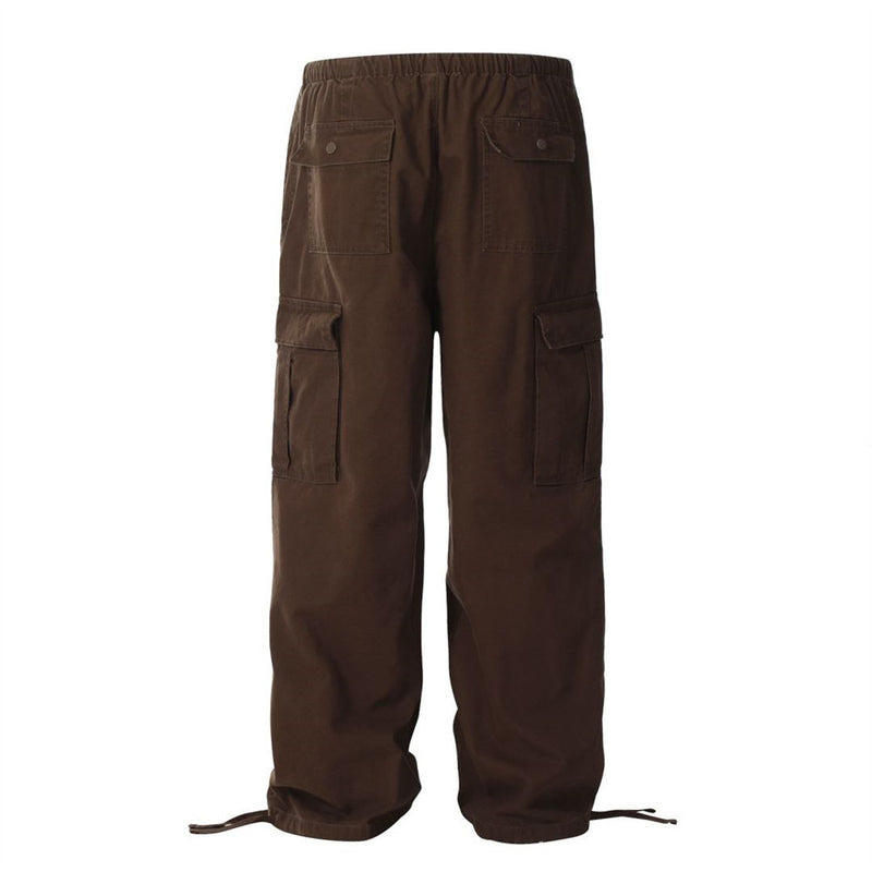 Men's Cotton Cargo Overalls - Pleated Drawstring Straight Leg Pants