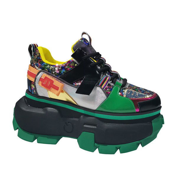 Premium Leather Platform Shoes - Men's Height Enhancing Sequin Color-Block Sneakers