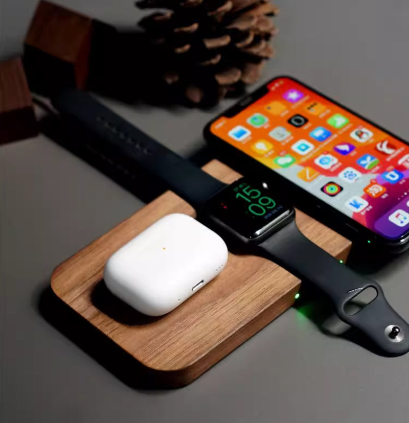 Premium Black Walnut 3-in-1 Wireless Charging Station - Watch, Phone & Headset Charger