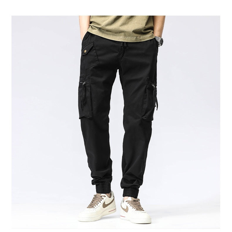 Men's Multi-Pocket Cotton Work Pants - Elastic Waist Casual Cargo Trousers