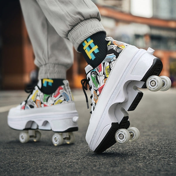 LED Light-Up Roller Skate Shoes - 4-Wheel Deformation Sports Sneakers for Adults & Students