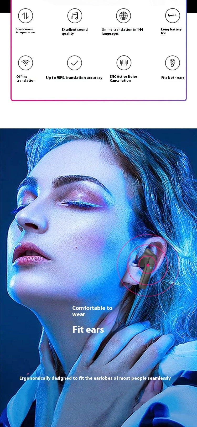 Smart Bluetooth Translation Earbuds - Wireless In-Ear Translator Headphones