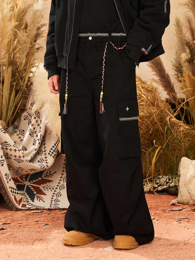 Comfortable Cotton Wide-Leg Workwear Overalls with Ribbon Waist Strap