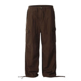 Men's Cotton Cargo Overalls - Pleated Drawstring Straight Leg Pants