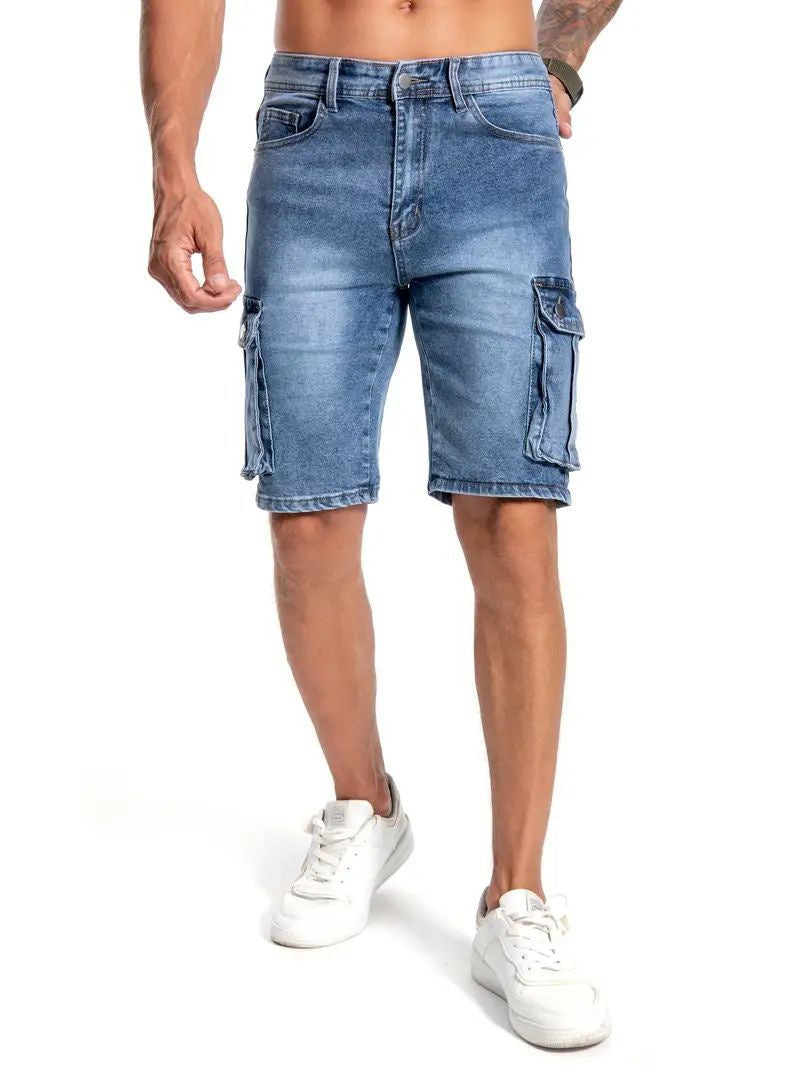 Men's Light Blue Denim Cargo Shorts - Multi-Pocket Summer Workwear