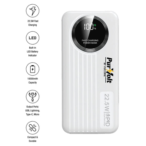 Pursonic PBM10 Power Bank - 10,000mAh Fast Charging Station with Integrated Cables & LED Battery Display