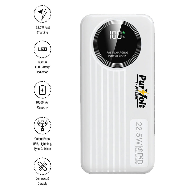 Pursonic PBM10 Power Bank - 10,000mAh Fast Charging Station with Integrated Cables & LED Battery Display
