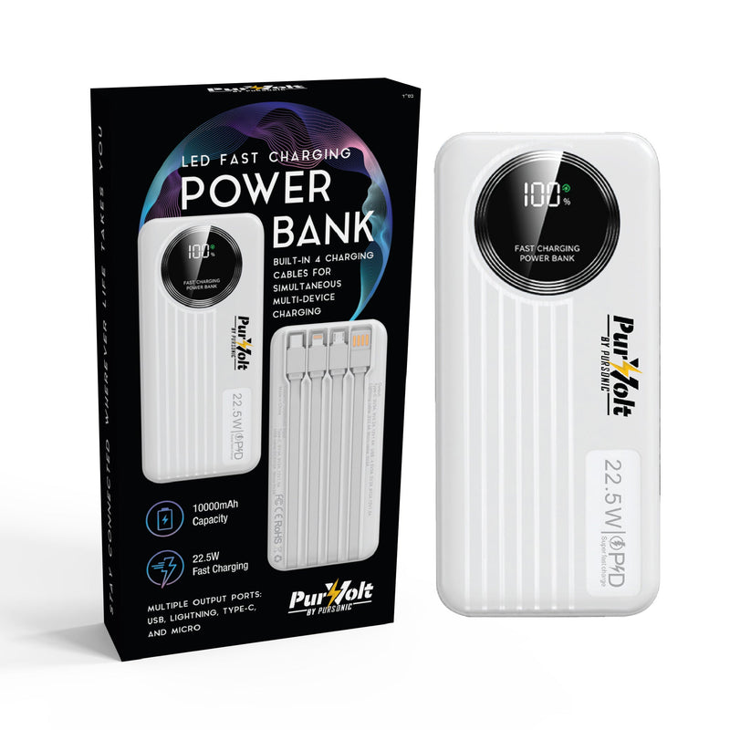 Pursonic PBM10 Power Bank - 10,000mAh Fast Charging Station with Integrated Cables & LED Battery Display