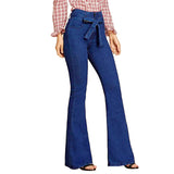 Women Slim Denim Trousers Vintage Clothes Spring High  Pants Belted Stretchy