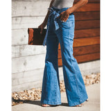 Women Slim Denim Trousers Vintage Clothes Spring High  Pants Belted Stretchy