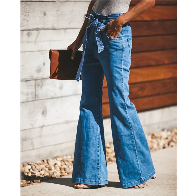 Women Slim Denim Trousers Vintage Clothes Spring High  Pants Belted Stretchy