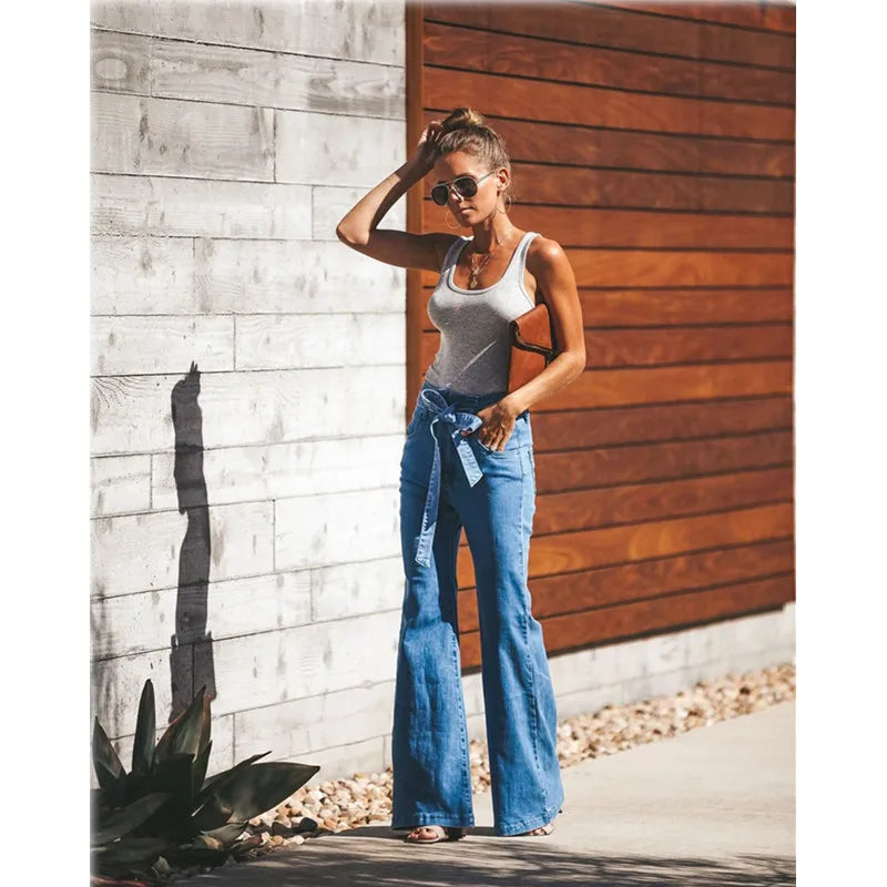 Women Slim Denim Trousers Vintage Clothes Spring High  Pants Belted Stretchy