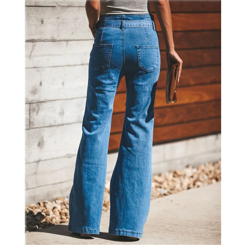 Women Slim Denim Trousers Vintage Clothes Spring High  Pants Belted Stretchy