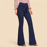 Women Slim Denim Trousers Vintage Clothes Spring High  Pants Belted Stretchy
