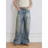 Modern Washed  Wrinkled Jeans Women's Spacious Straight Wide Leg Pants