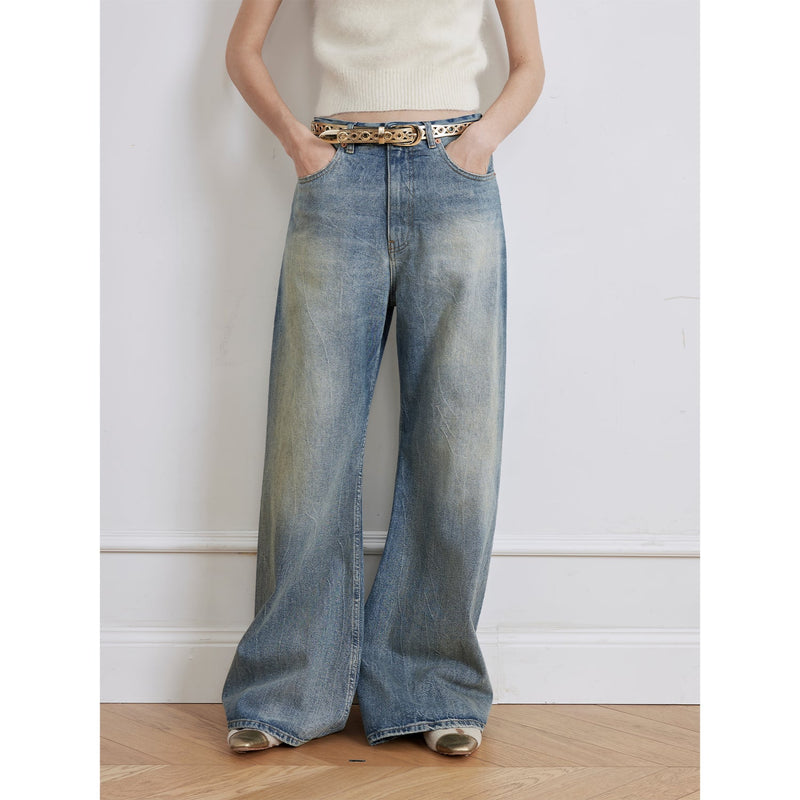 Modern Washed  Wrinkled Jeans Women's Spacious Straight Wide Leg Pants