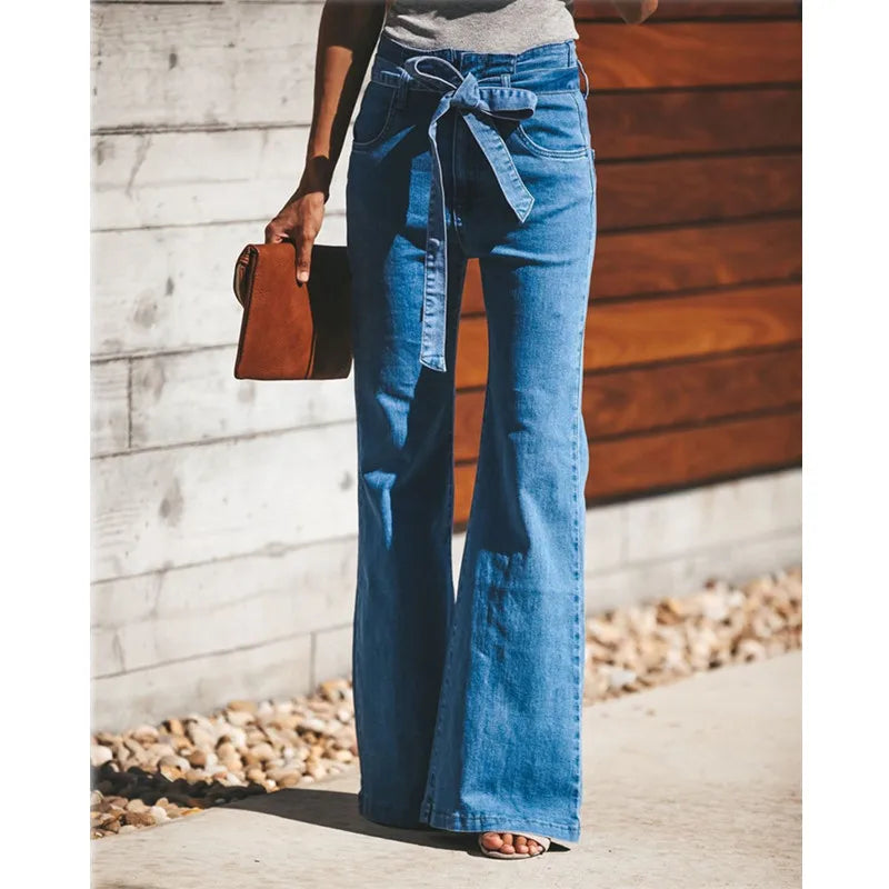 Women Slim Denim Trousers Vintage Clothes Spring High  Pants Belted Stretchy