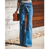 Women Slim Denim Trousers Vintage Clothes Spring High  Pants Belted Stretchy