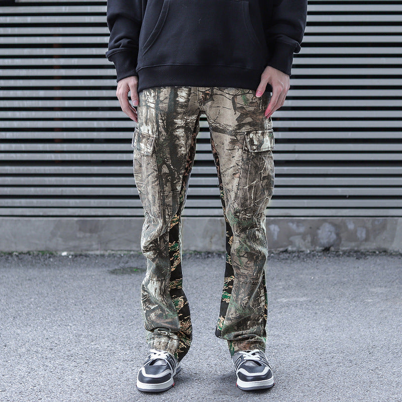 Military-Inspired Leaf Camo Flared Overalls - Men's Tactical Workwear
