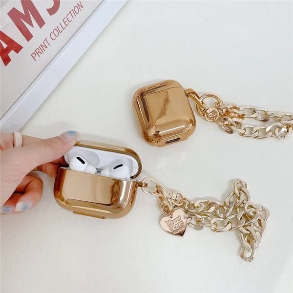 Elegant Heart Chain AirPods Case - Gold Plated Wireless Earbuds Cover