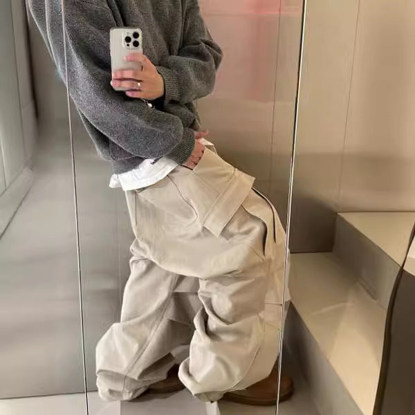 Men's Multi-Pocket Cargo Pants - Loose Wide Leg Denim Trousers with Side Zipper