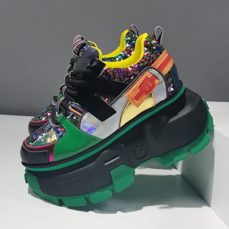 Premium Leather Platform Shoes - Men's Height Enhancing Sequin Color-Block Sneakers