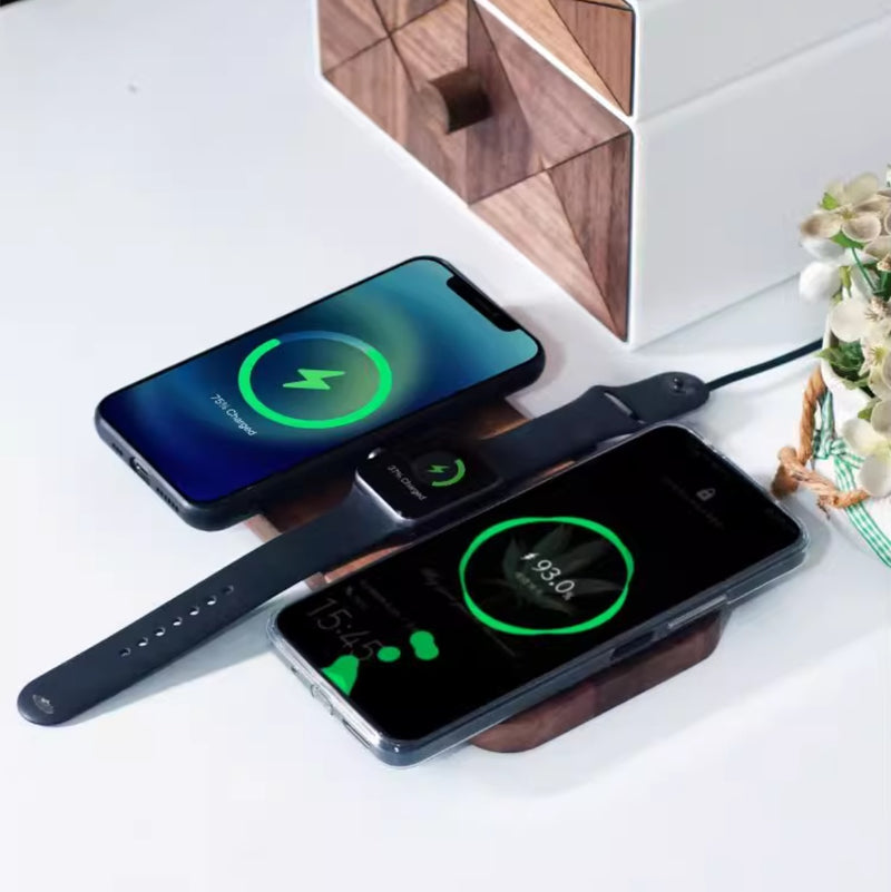 Premium Black Walnut 3-in-1 Wireless Charging Station - Watch, Phone & Headset Charger