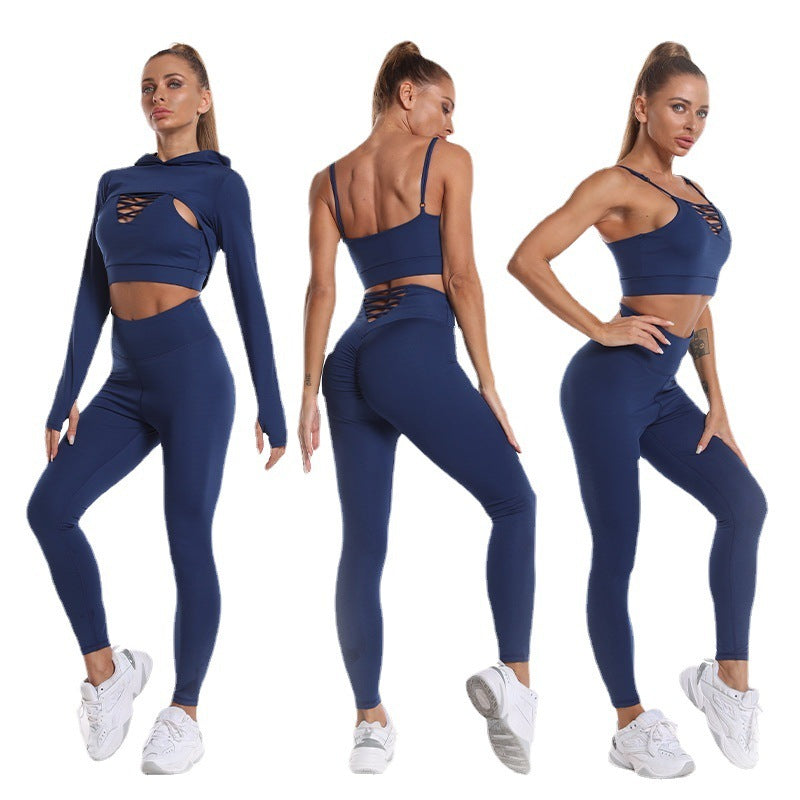 Premium 3-Piece Athletic Wear Set - Hooded Top, Hollow Design Camisole & High-Waist Seamless Leggings