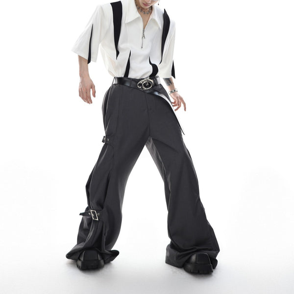 Breathable Polyester Wide-Leg Cargo Pants with Decorative Straps