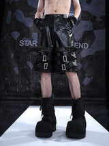 Stylish Black PU Leather Shorts - Men's Casual Cropped Pants with Ring Detail