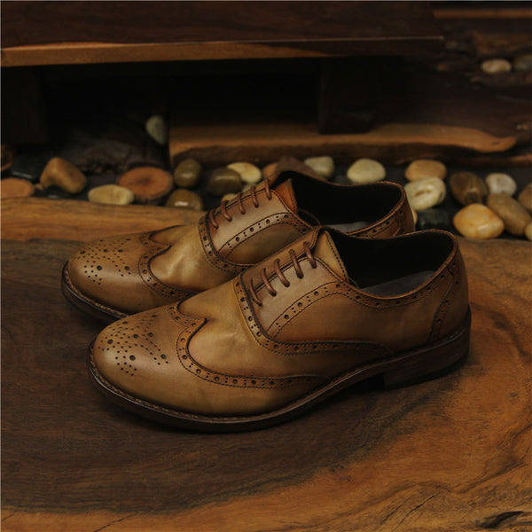 Artisan Handcrafted Distressed Leather Oxford Shoes - Vintage Engraved Men's Casual Footwear