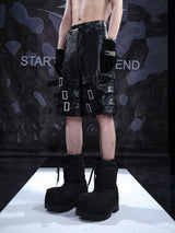 Stylish Black PU Leather Shorts - Men's Casual Cropped Pants with Ring Detail