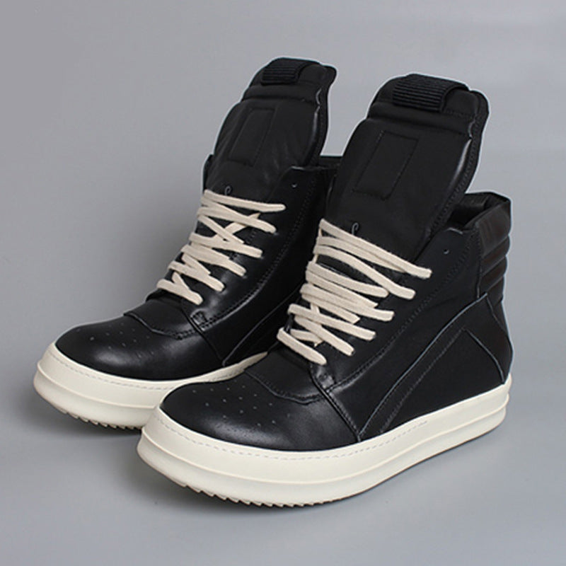 Premium Genuine Leather High-Top Unisex Sneakers - Classic Black & White Design