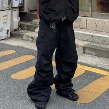 Men's Multi-Pocket Cargo Pants - Loose Wide Leg Denim Trousers with Side Zipper