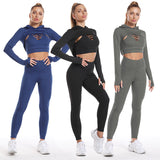 Premium 3-Piece Athletic Wear Set - Hooded Top, Hollow Design Camisole & High-Waist Seamless Leggings